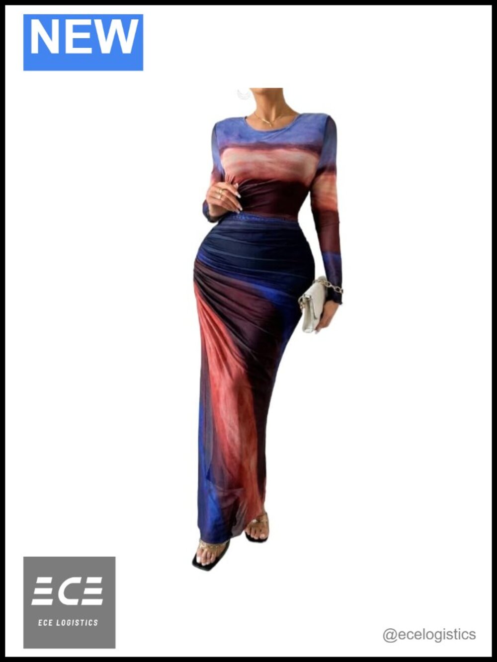 Women's Bodycon Maxi Dress Gradient Print Mesh Ruched Long Sleeve Club Party